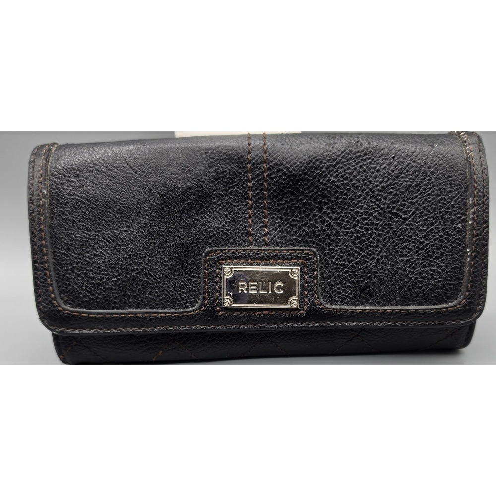 Relic by Fossil Black Organizer Clutch Wallet Leopard Print Interior Zip Pocket